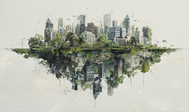 A surreal image of a floating city with skyscrapers and greenery, reflected below, blending urban