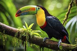 Vibrant toucan perched on a gnarled branch in a dense rainforest, AI generated