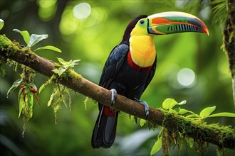 Vibrant toucan perched on a gnarled branch in a dense rainforest, AI generated