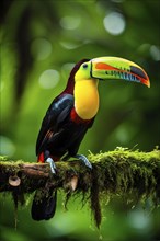 Vibrant toucan perched on a gnarled branch in a dense rainforest, AI generated