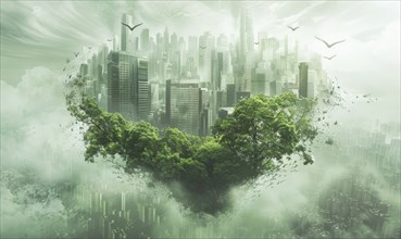 Futuristic green city suspended in the clouds, blending skyscrapers with lush trees, depicting a