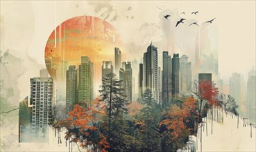 Surreal cityscape artwork featuring towering skyscrapers amidst autumn-colored trees, with birds