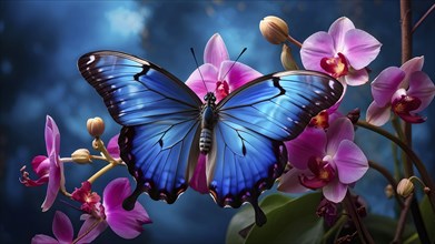 Vibrant blue morpho butterfly outstretched over a cluster of blooming orchids, AI generated