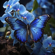 Vibrant blue morpho butterfly outstretched over a cluster of blooming orchids, AI generated