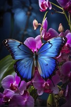 Vibrant blue morpho butterfly outstretched over a cluster of blooming orchids, AI generated