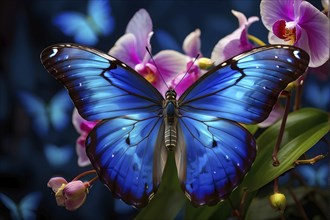 Vibrant blue morpho butterfly outstretched over a cluster of blooming orchids, AI generated