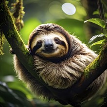 Sloth lounging in lush jungle treetop AI generated