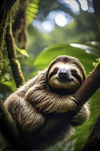 Sloth lounging in lush jungle treetop AI generated