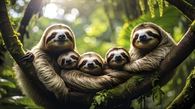 Sloth family lounging in jungle treetops, AI generated