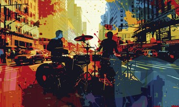 Two drummers silhouetted against a vibrant, abstract cityscape filled with colorful buildings and