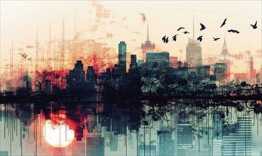 Abstract cityscape at sunset with birds in the sky and vibrant reflections AI generated