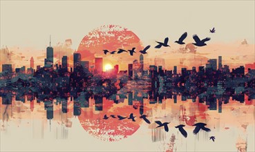 A city skyline with a large red sun in the background. A flock of birds fly over the city AI