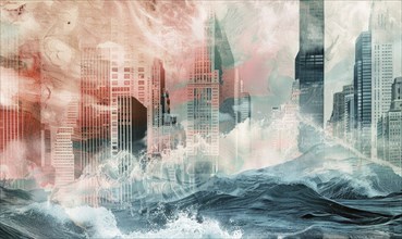 Surreal cityscape blending skyscrapers with ocean waves and clouds in abstract red and blue tones