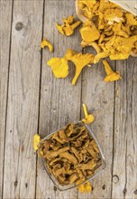 Canned chanterelles on a vintage background as detailed close-up shot, selective focus