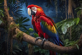 Scarlet macaw sitting on a tree branch against green jungle canvas, AI generated