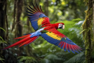 Scarlet macaw in mid flight against green jungle canvas, AI generated