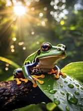 Red eyed tree frog lounging atop a tropical leaf, AI generated