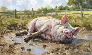 A pig taking a relaxing nap on a muddy ground outdoors under the sunny sky AI generated