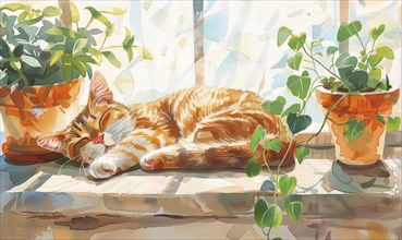 An orange cat peacefully sleeps on a sunlit windowsill surrounded by potted plants AI generated