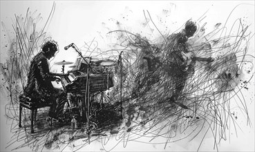 An abstract, monochrome sketch of a pianist and guitarist playing together, surrounded by