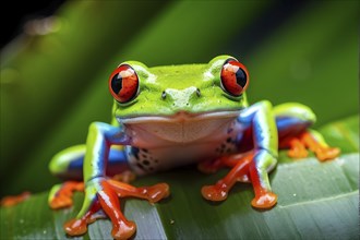 Red eyed tree frog lounging atop a tropical leaf, AI generated