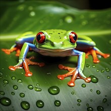 Red eyed tree frog lounging atop a tropical leaf, AI generated