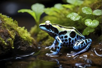 Poison dart frog adorned in bright vivid hues sitting near a moss covered rock, AI generated