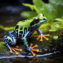 Poison dart frog adorned in bright vivid hues sitting near a moss covered rock, AI generated