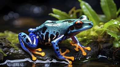 Poison dart frog adorned in bright vivid hues sitting near a moss covered rock, AI generated