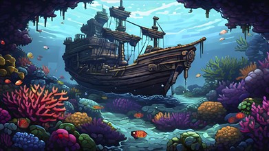 Pixel art illustration of vibrant corals and fish teeming with life around a sunken ship, AI