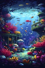 Pixel art illustration of vibrant corals and fish teeming with life around a sunken ship, AI