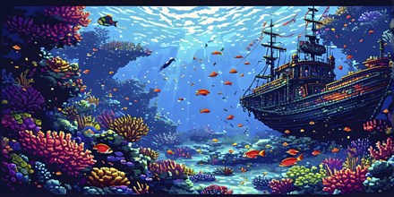 Pixel art illustration of vibrant corals and fish teeming with life around a sunken ship, AI