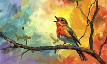 A bird is perched on a branch and singing. The sky is filled with clouds and a rainbow AI generated