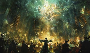 A grand and majestic orchestra performance with a conductor under a glowing chandelier, bathed in