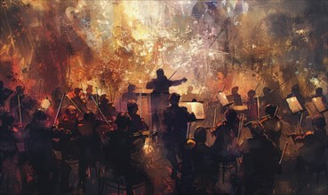 A conductor leading an orchestra with musicians playing various instruments in a dimly lit concert