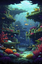 Pixel art illustration of vibrant corals and fish teeming with life around a sunken ship, AI