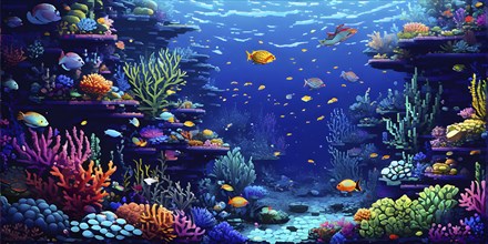 Pixel art illustration of vibrant corals and fish teeming with life around a sunken ship, AI