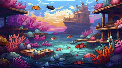 Pixel art illustration of vibrant corals and fish teeming with life around a sunken ship, AI