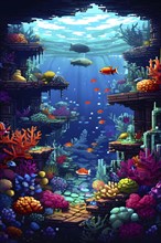 Pixel art illustration of vibrant corals and fish teeming with life around a sunken ship, AI