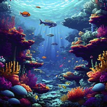 Pixel art illustration of vibrant corals and fish teeming with life around a sunken ship, AI