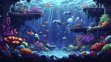 Pixel art illustration of vibrant corals and fish teeming with life around a sunken ship, AI