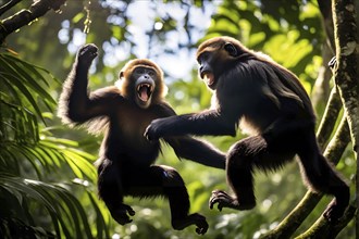 Howler monkeys perched on a branch in a vibrant green jungle, AI generated