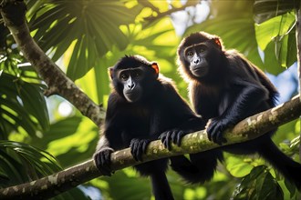 Howler monkeys perched on a branch in a vibrant green jungle, AI generated