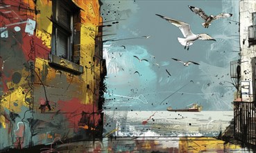 A painting of a building with a window and a boat in the water. The birds are flying in the sky AI