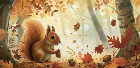 A cartoon squirrel is sitting on the ground in a forest with leaves falling around it. Scene is