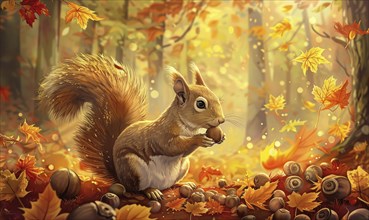 A squirrel is eating an acorn in a forest with autumn leaves. Scene is peaceful and serene, as the