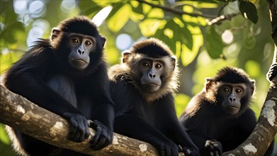 Howler monkeys perched on a branch in a vibrant green jungle, AI generated