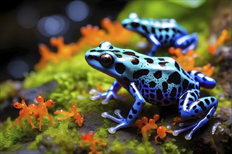 Brightly colored poison dart frogs converging around a translucent stream, AI generated