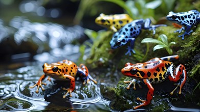 Brightly colored poison dart frogs converging around a translucent stream, AI generated