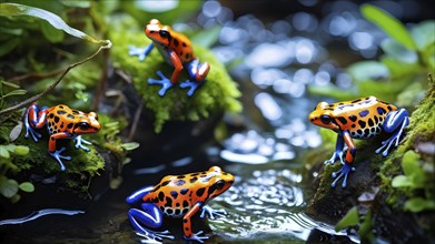 Brightly colored poison dart frogs converging around a translucent stream, AI generated